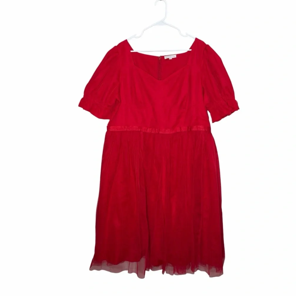 Ivy City Co. Ballerina Midi Dress in Red Size 3X Tulle Puff Sleeve Fit & Flare